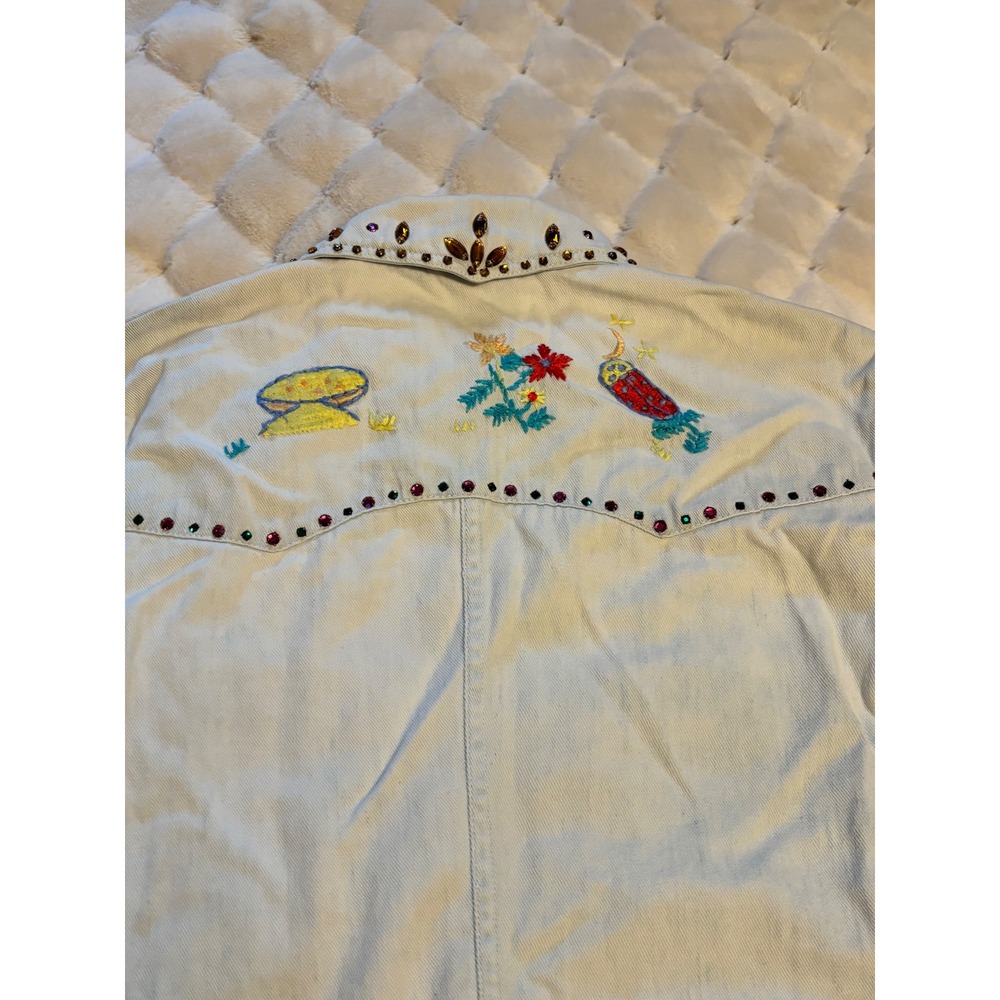 Vintage Light Wash Denim Western Shirt Floral Embroidery Rhinestone Studded L - Picture 11 of 11